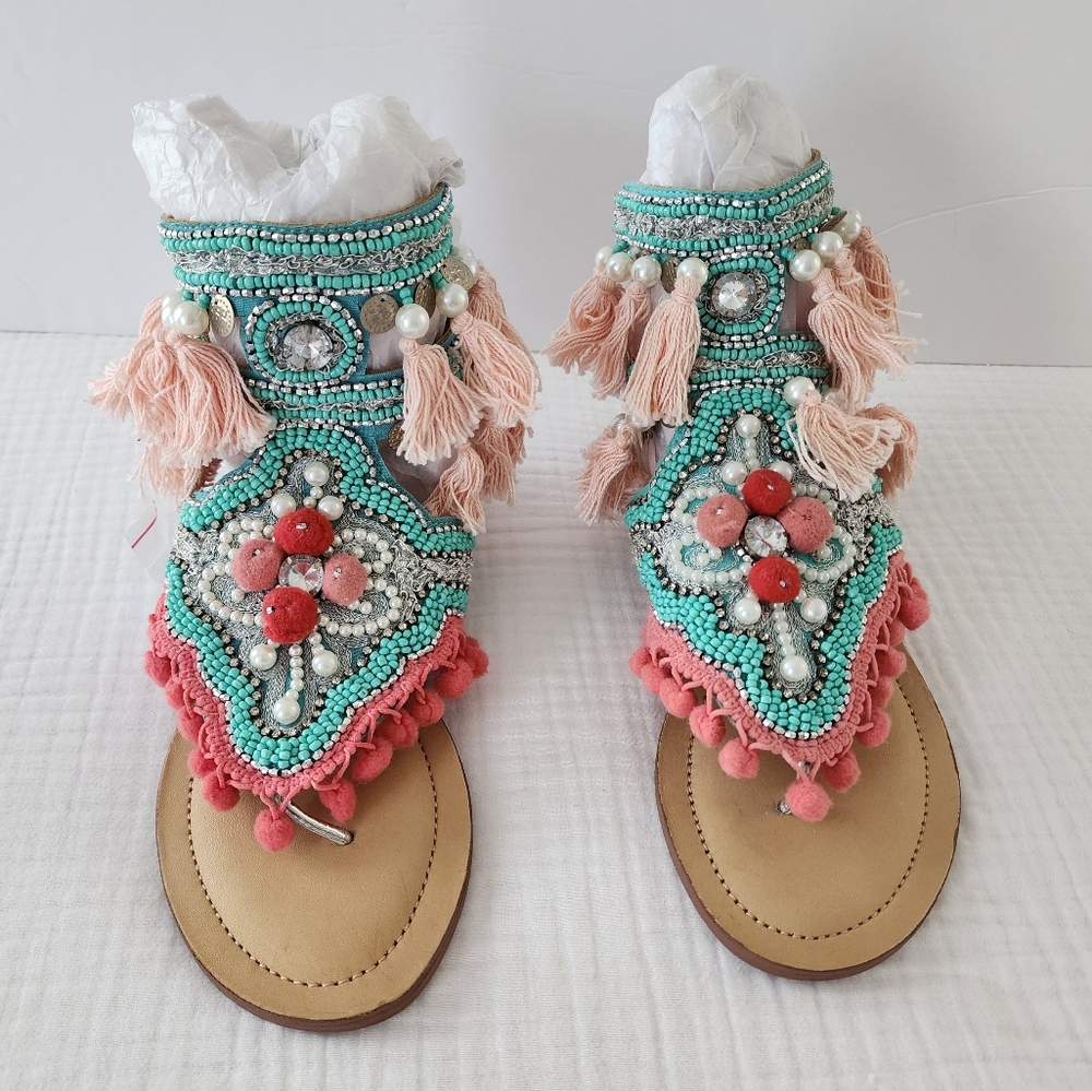 Gado Gado Pom Pom Embroidered Boho Sandals NEW